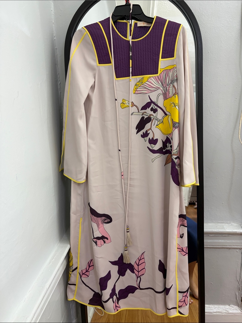 Tory Burch Cream Maxi Dress with Purple Floral and Yellow Trim